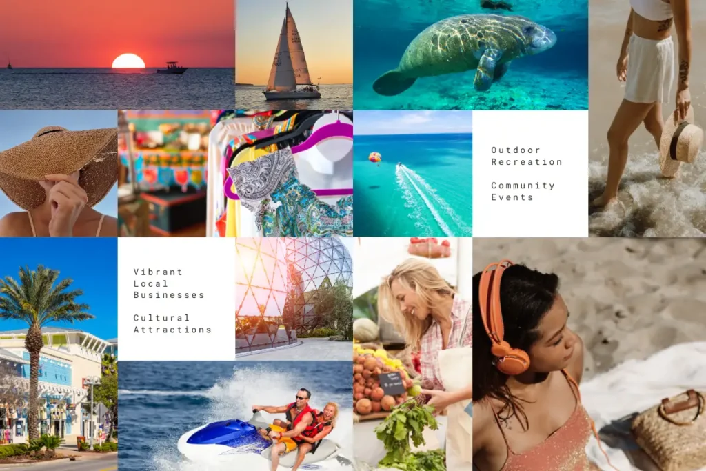 Montage of St. Pete Beach community highlights including local businesses, cultural attractions, and outdoor activities